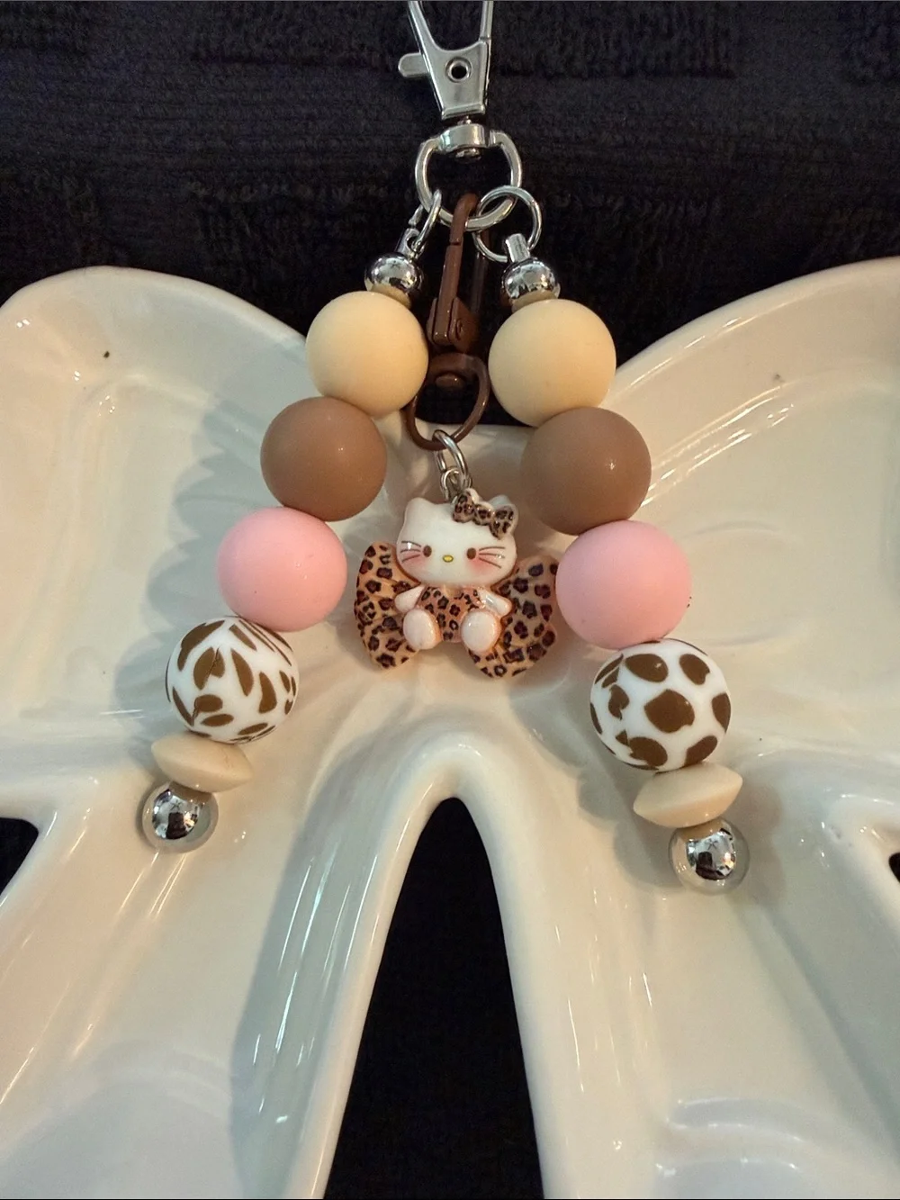 Leopard Cat Beaded Keychain for Kids - Pink & Brown